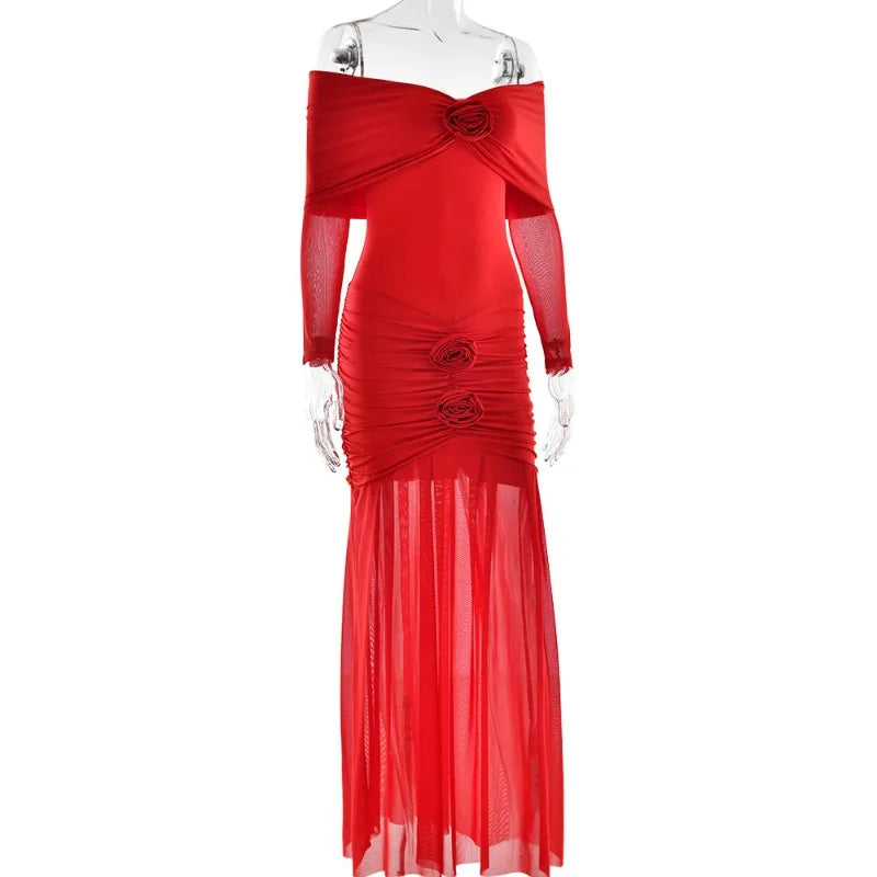 Off Shoulder Long Sleeve Rosette Mermaid Gown