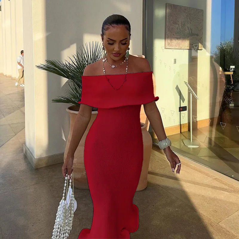 Off Shoulder Fold Over Knit Ruffle Hem Bodycon Midi Dress 11