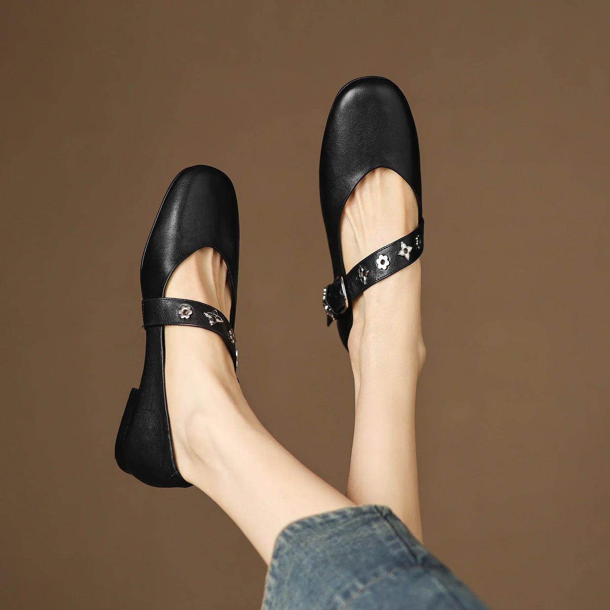 Square Toe Buckle Strap Mary Jane Flats