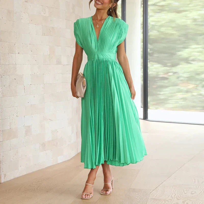 Deep V-Neck Cap Sleeve Pleated Flared Midi Dress