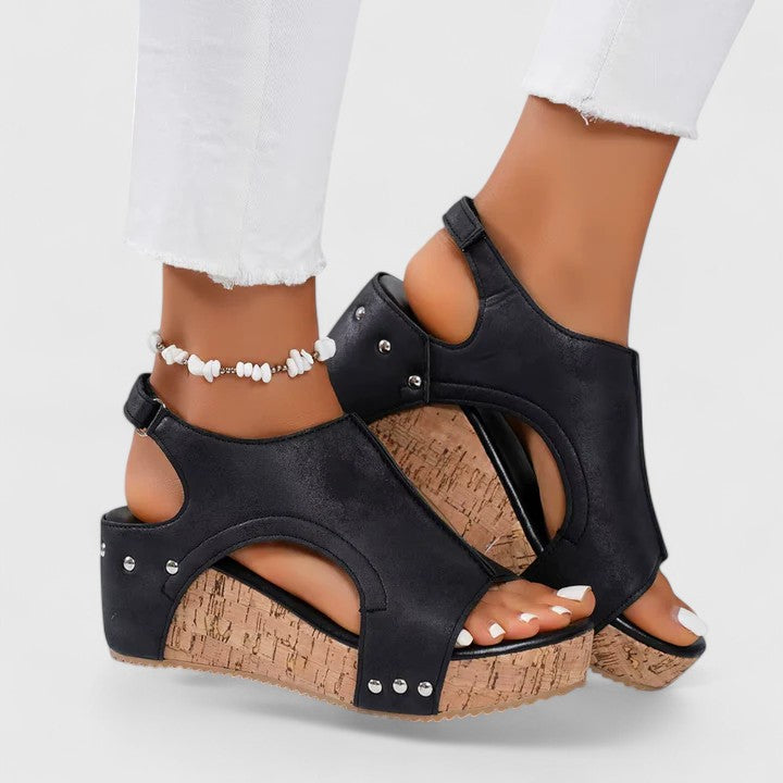 Open Toe Cut Out Ankle Strap Cork Wedge Sandals