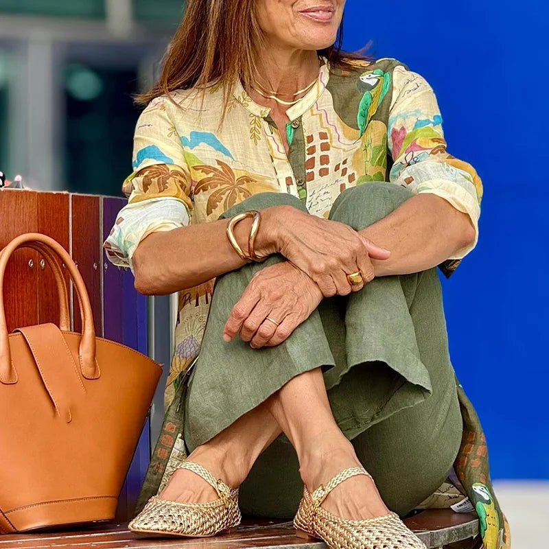 Tropical Print Long Shirt and Wide Leg Pants Two Piece Set 2