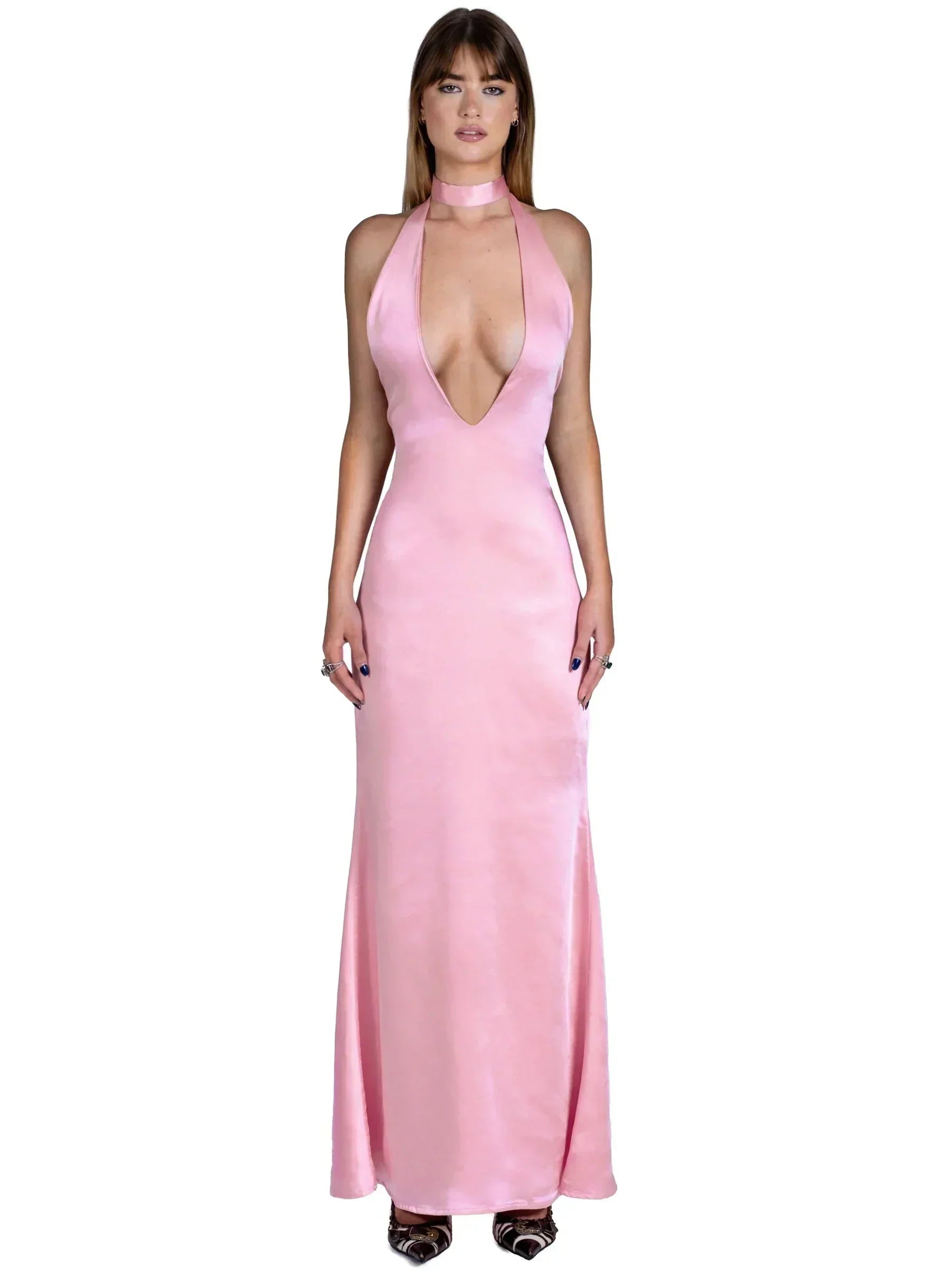 Satin Halter Neck Choker Deep V-Neck Bodycon Maxi Gown