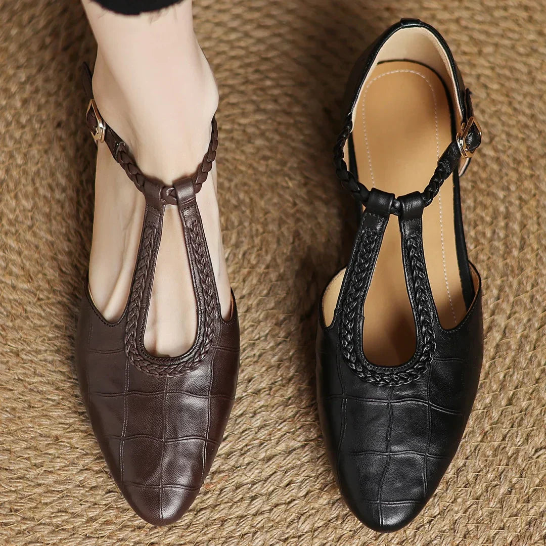 Braided T Strap Low Block Heel Mary Jane Flats