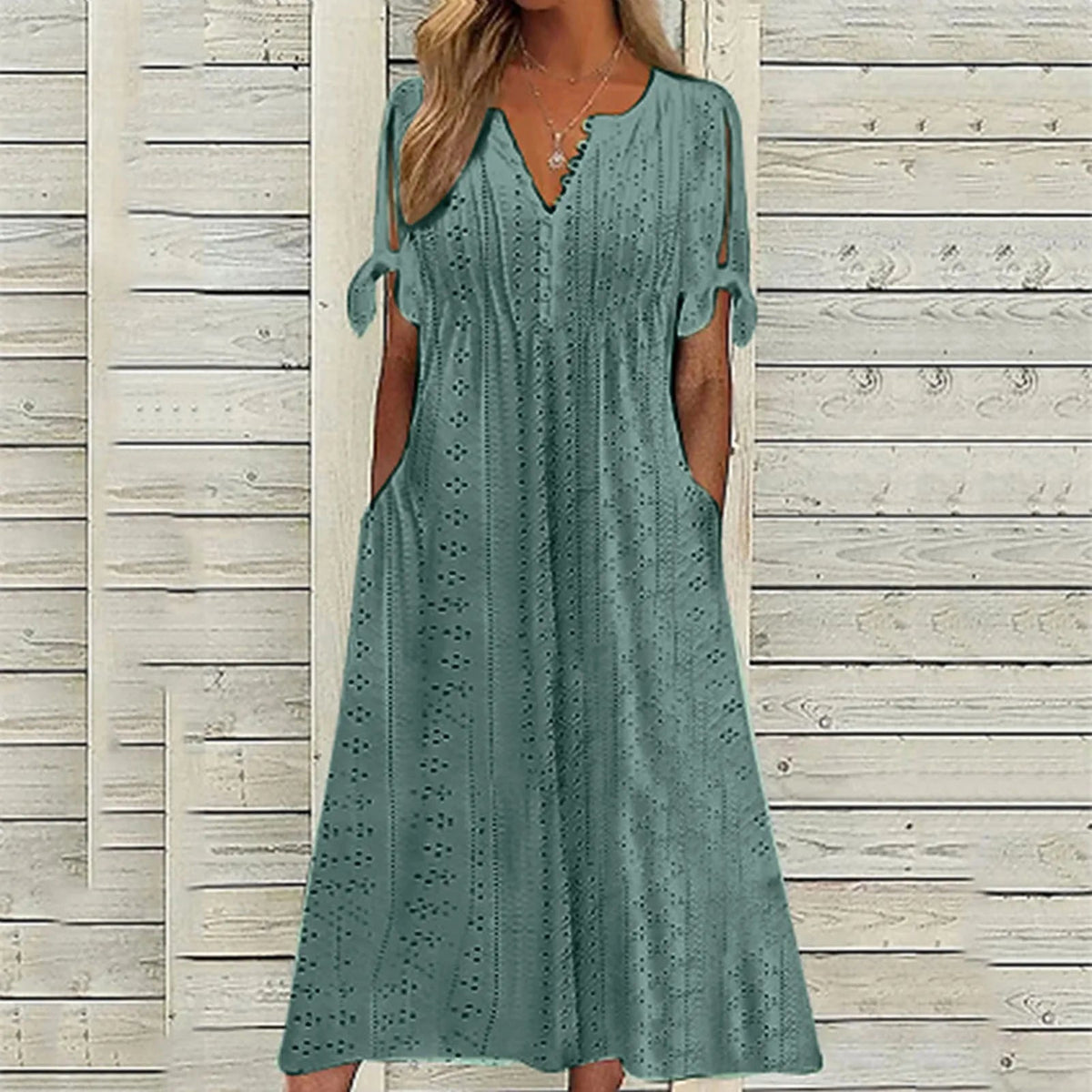Eyelet Hollow Out V-Neck Button Front Tie Cuff A-Line Midi Dress - View 5