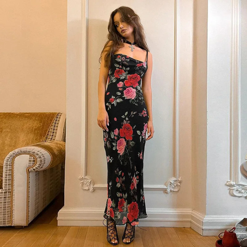 Spaghetti Strap Hip Package Backless Floral Dress