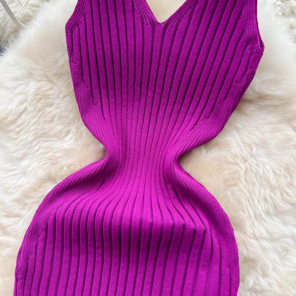 Ribbed Knit V-Neck Sleeveless Cut Out High Split Bodycon Maxi Dress