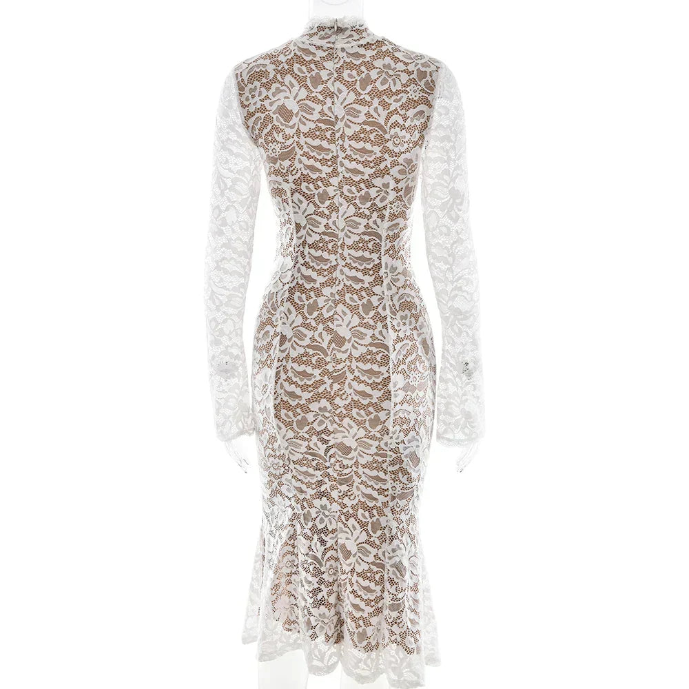 Lace High Neck Long Sleeve Mermaid Hem Bodycon Midi Dress 8
