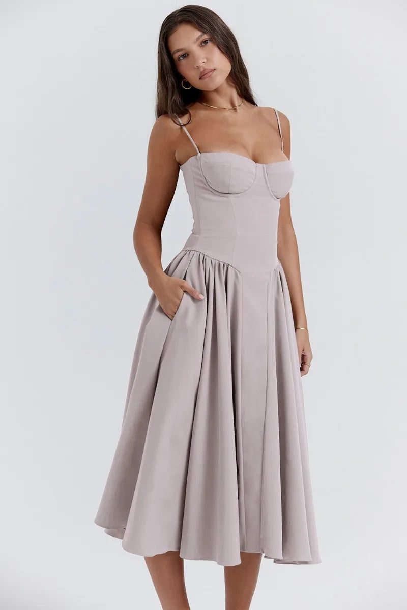 Milagros Premium Open-Shoulder Midi Dress with a Corset Fit Elevated Occasion Wear