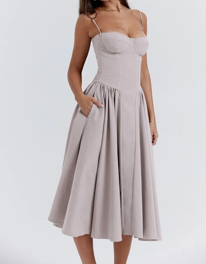 Spaghetti Strap Sweetheart Corset Fit and Flare Midi Dress