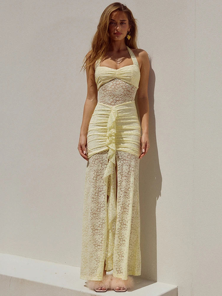 Lace Satin Halter Ruched Maxi Dress - View 4