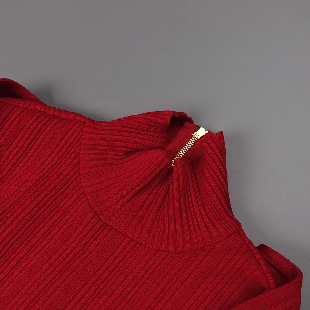 Ribbed Knit High Neck Long Sleeve Cross Wrap Bodycon Maxi Dress