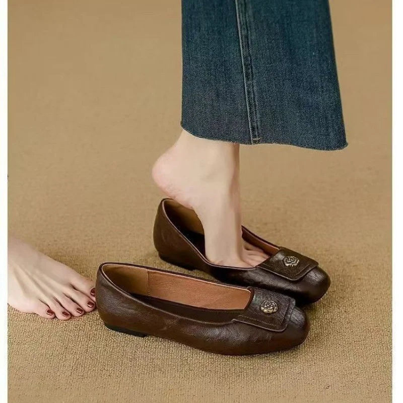 Square Toe Metal Flower Buckle Slip On Flats