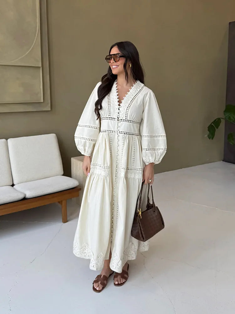 Hollow Lace V-neck Patchwork Maxi Midi Dress - View 4