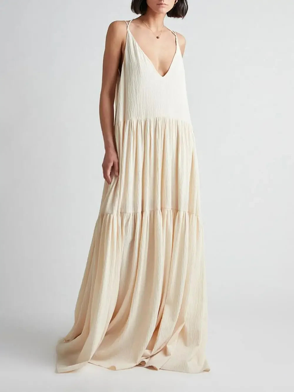 Spaghetti Strap Deep V-Neck Tiered Gauze Crinkle Texture Dress