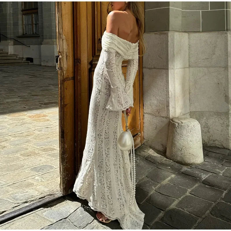 White Sheer Lace Backless Lace-Up Bandeau Maxi Dress - View 8