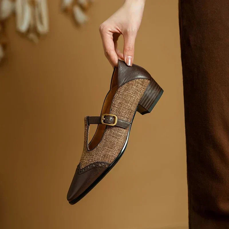Pointed Toe T-Strap Buckle Brogue Flats