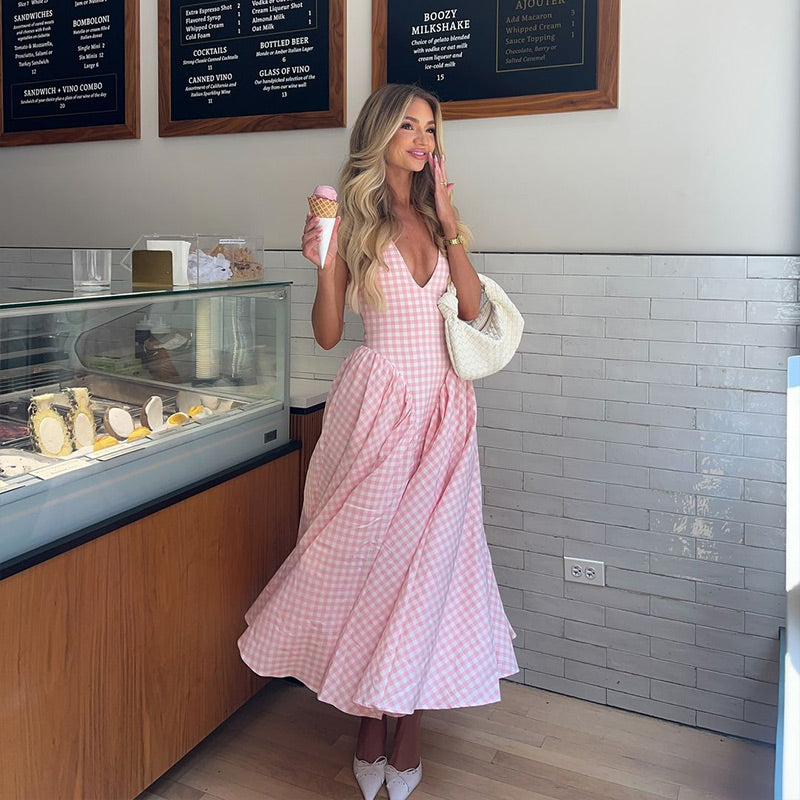 Romina | Plaid Print Midi Dress Pink