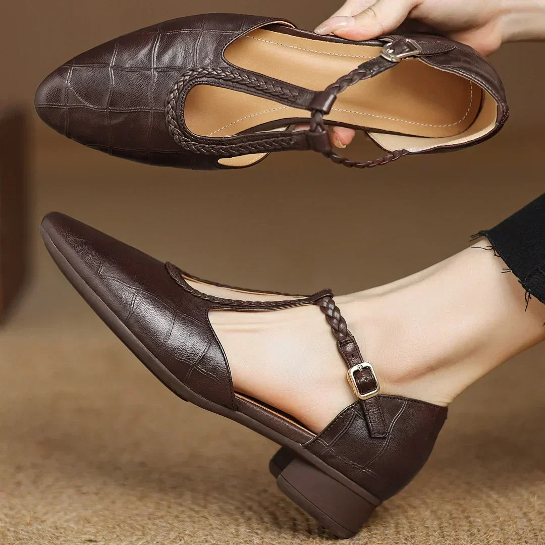 Pointed Toe Braided T-Strap Buckle Flats