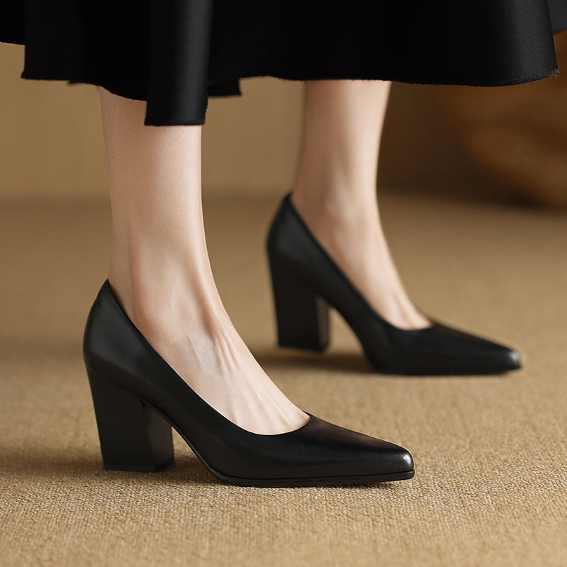 Pointed Toe Block Heel Slip On Leather Look Pumps