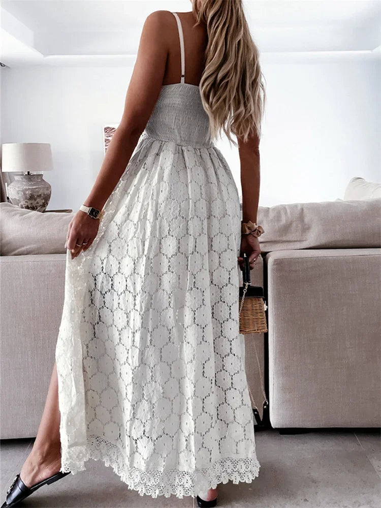 Summer Lace Playsuit V Neck Hollow Out Midi Dress - View 4