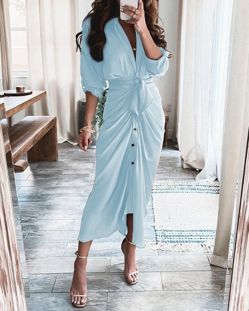 Button Ruched Printed Casual Short Sleeve Work Dress