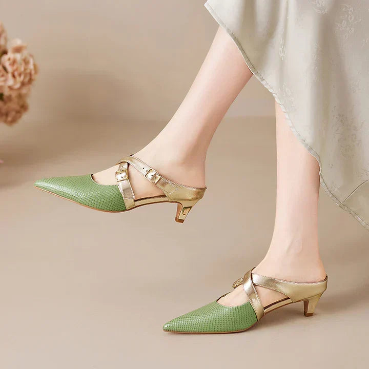 Pointed Toe Buckle Strap Slingback Kitten Heel Pumps