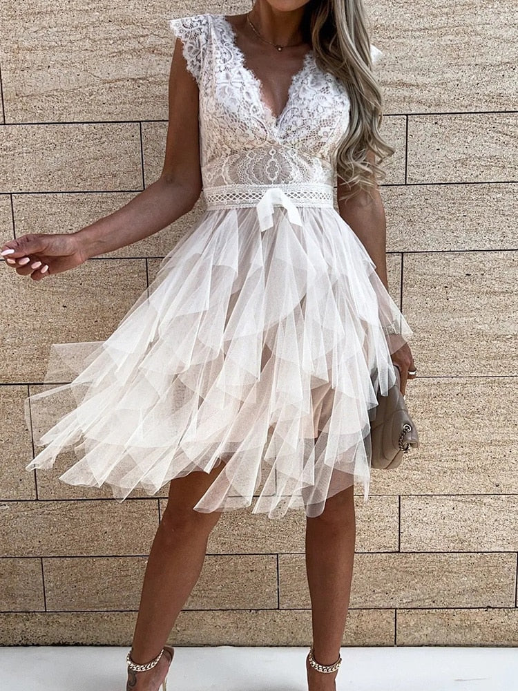 Lace Deep V-Neck Cap Sleeve Bow Waist Tiered Tulle Mini Dress