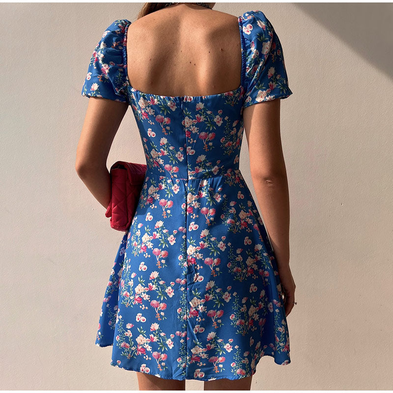 Floral Print Sweetheart Neck Puff Sleeve Button Front Split Mini Dress 2