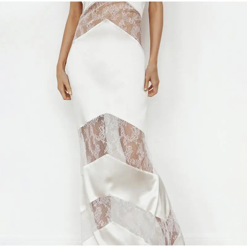 Halter Deep V-Neck Lace Panel Sheer Insert Sleeveless Maxi Gown - View 5