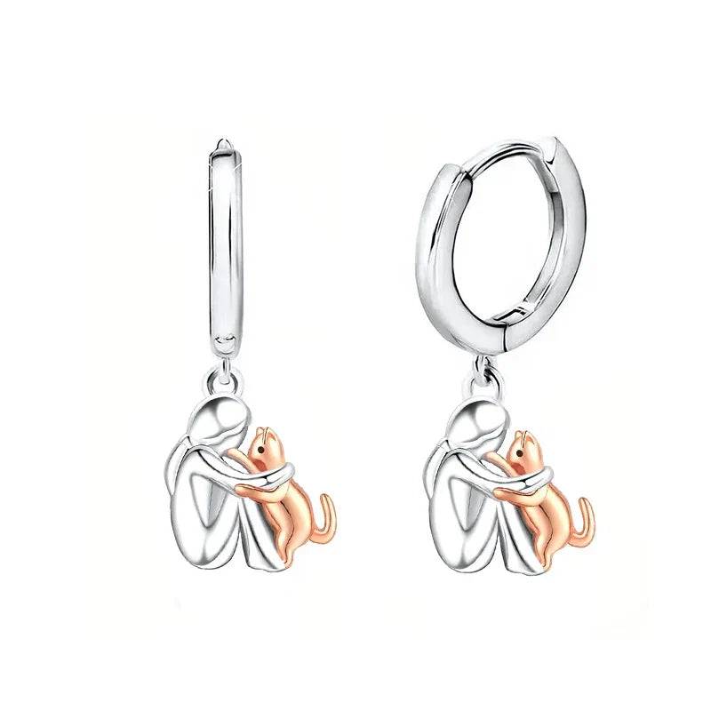 Girl Hugging Cat Two Tone Stud Earrings