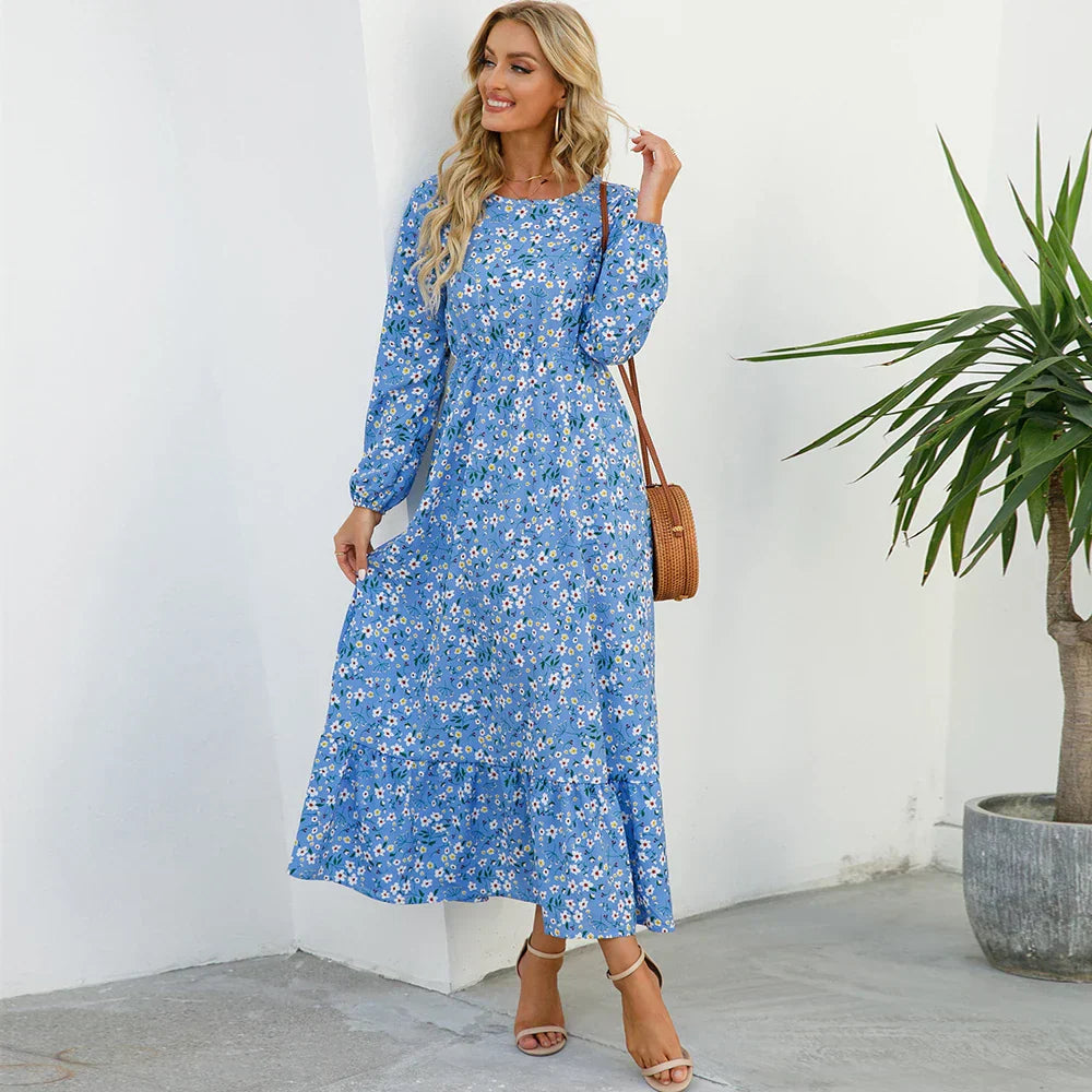 Floral Long Sleeve Tiered Ruffle Boho Maxi Dress