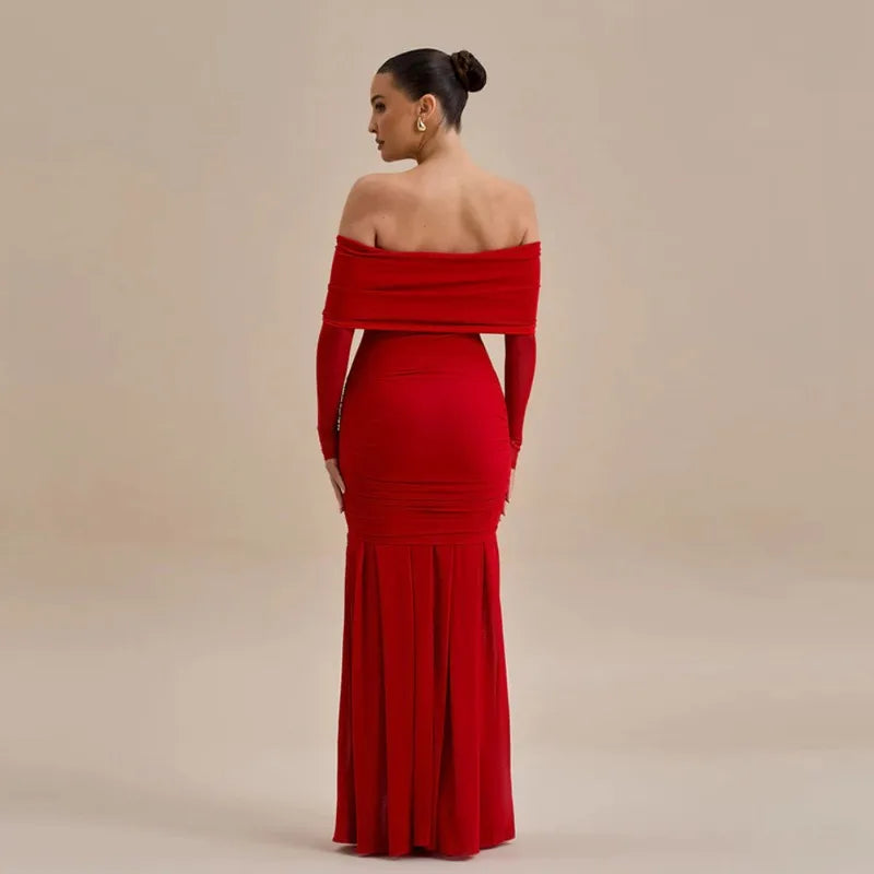 Off Shoulder Long Sleeve Rosette Mermaid Gown