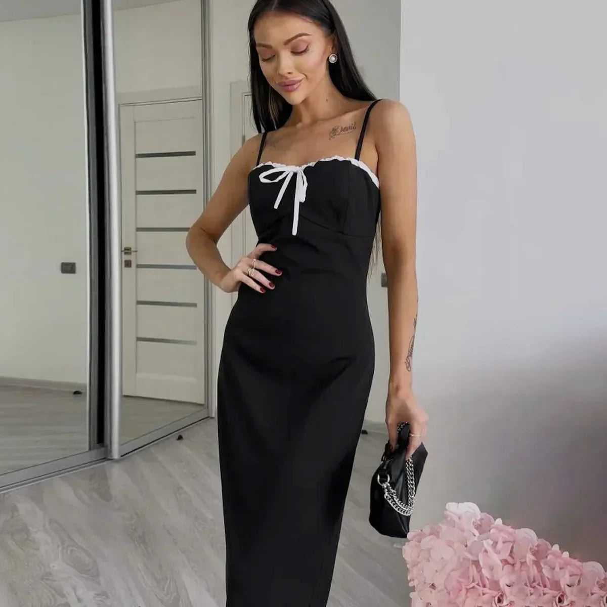 Open Back Lace Patchwork Black Maxi Dress - View 2