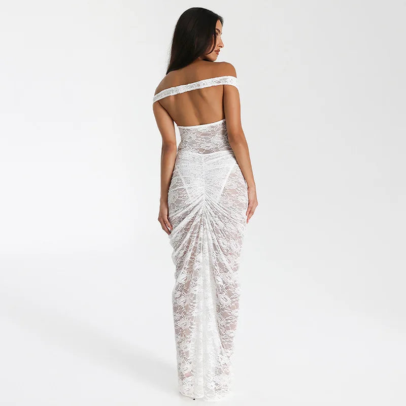 Lace Off Shoulder Sweetheart Corset Hip Cut Out Ruched Maxi Gown