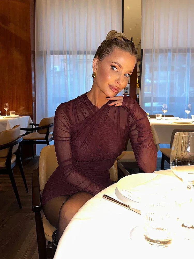 Mesh Solid Long Sleeves Folds Mini Dress - View 5