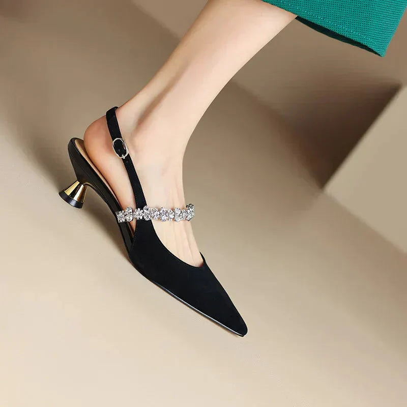 Pointed Toe Rhinestone Strap Kitten Heel Pumps