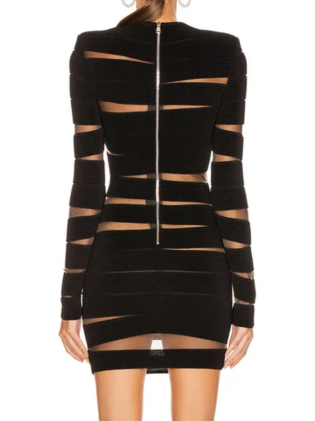 Mesh Insert Long Sleeve Round Neck Cut Out Bodycon Bandage Mini Dress