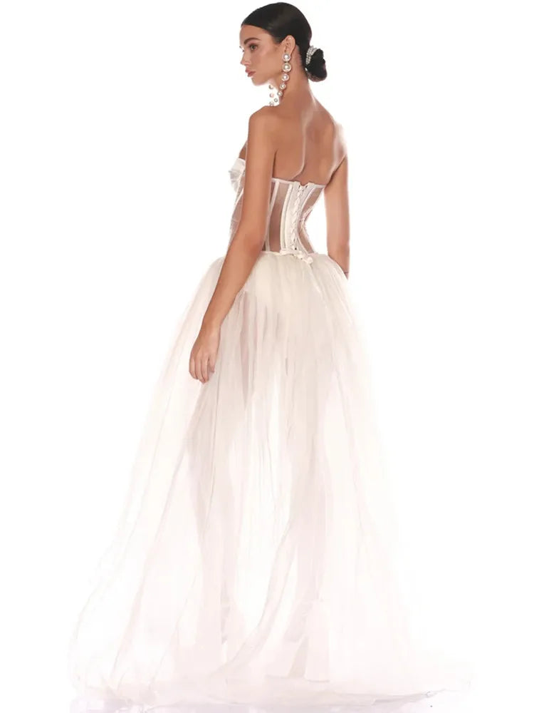 Strapless Mesh White A Line Maxi Long Dress - View 3