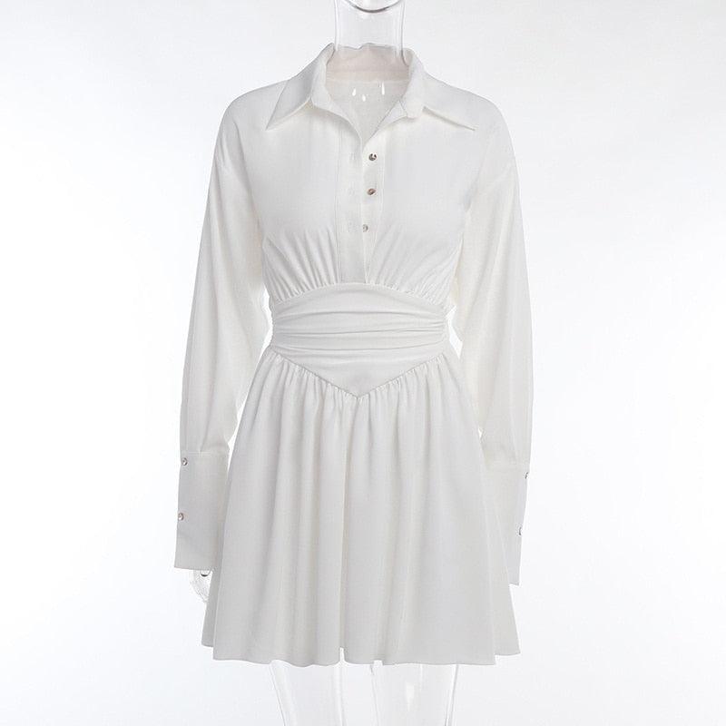 Deep V-Neck Shirt Collar Ruched Waist Bell Sleeve Mini Dress