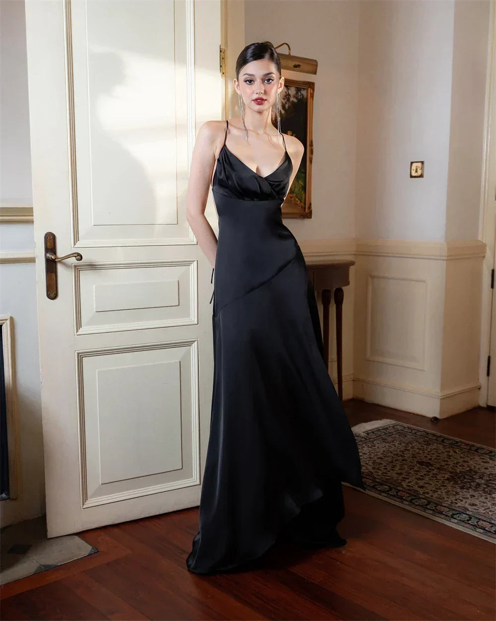 Satin Cowl Neck Spaghetti Strap Asymmetric Seam Maxi Dress
