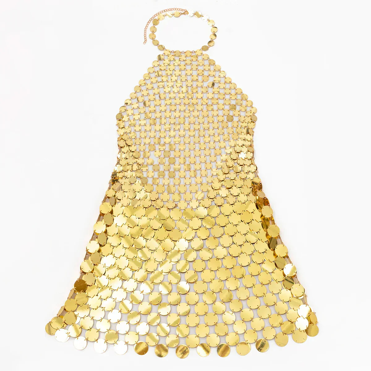 Metallic Disc Mesh Halter Neck Backless Bodycon Mini Party Dress