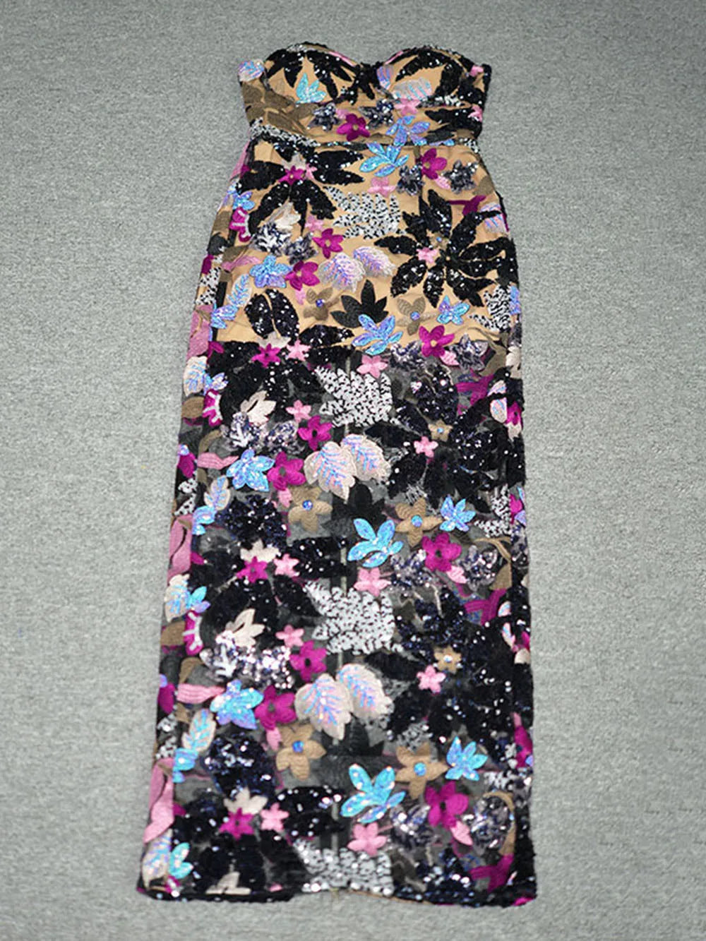 Sequin Floral Strapless Sweetheart Bodycon Maxi Dress
