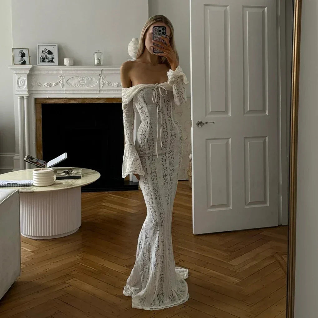 Lace Off Shoulder Long Sleeve Mermaid Maxi Gown
