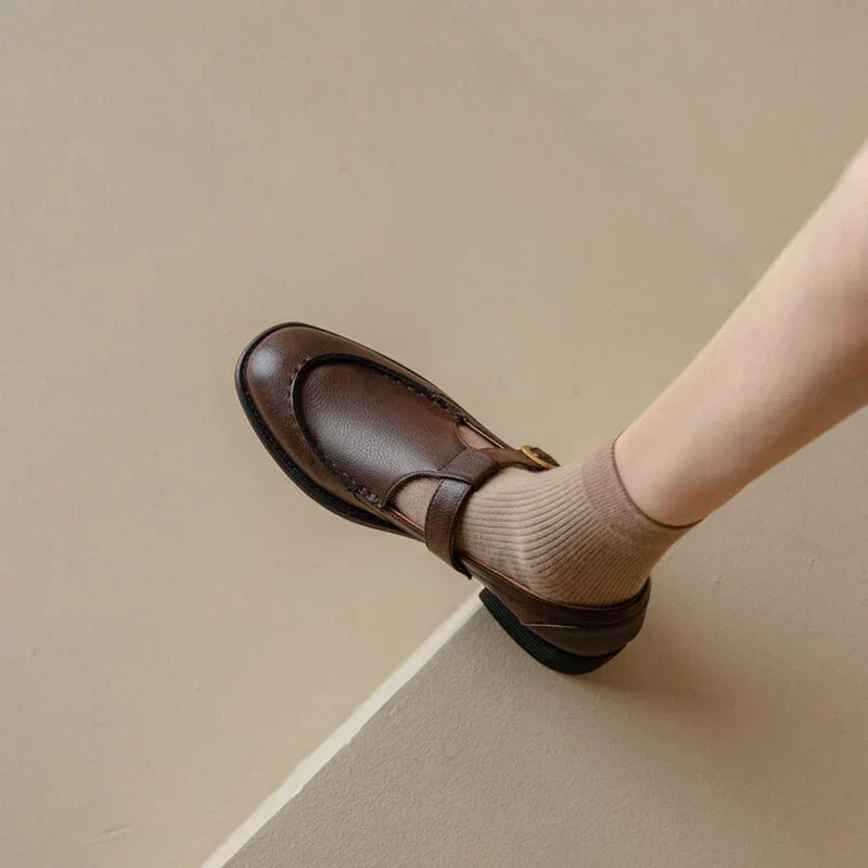 Round Toe T-Strap Buckle Mary Jane Flats