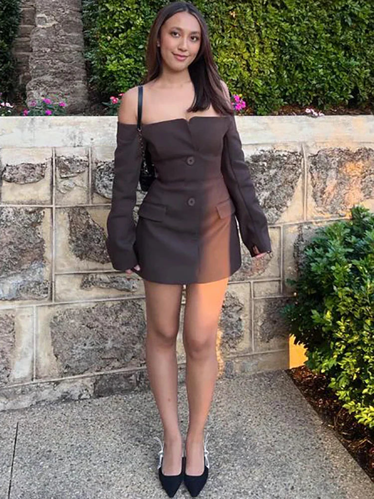Off Shoulder Button Front Long Sleeve Blazer Mini Dress