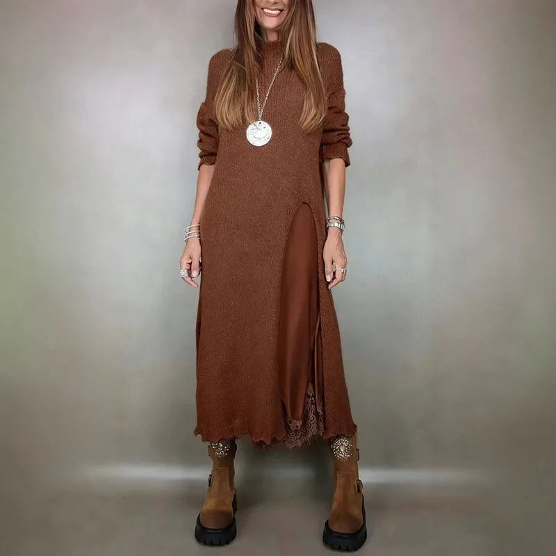 Knit High Neck Long Sleeve High Split Maxi Two Piece Set 5