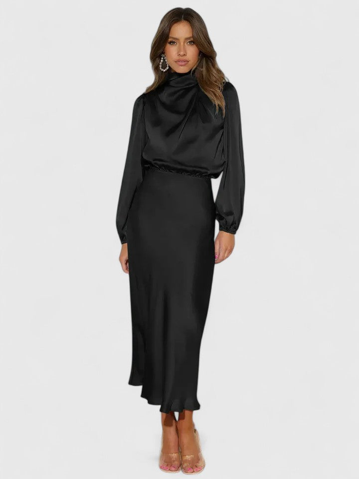 Satin High Neck Long Sleeve Blouson Midi Dress