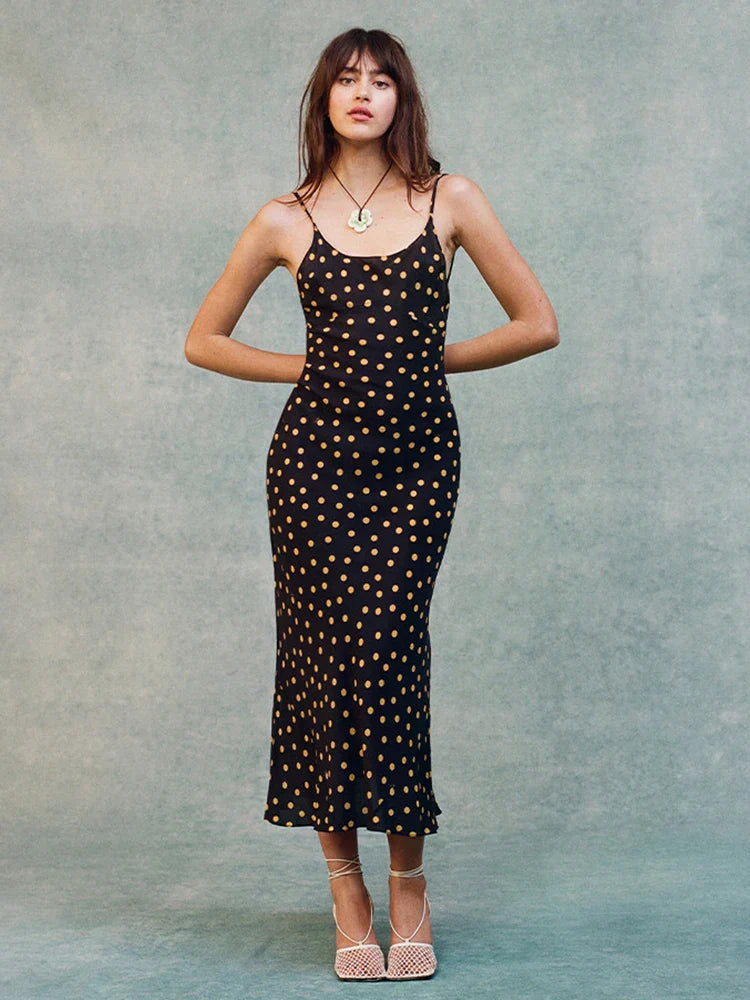 Dot Print Spaghetti Midi Dress