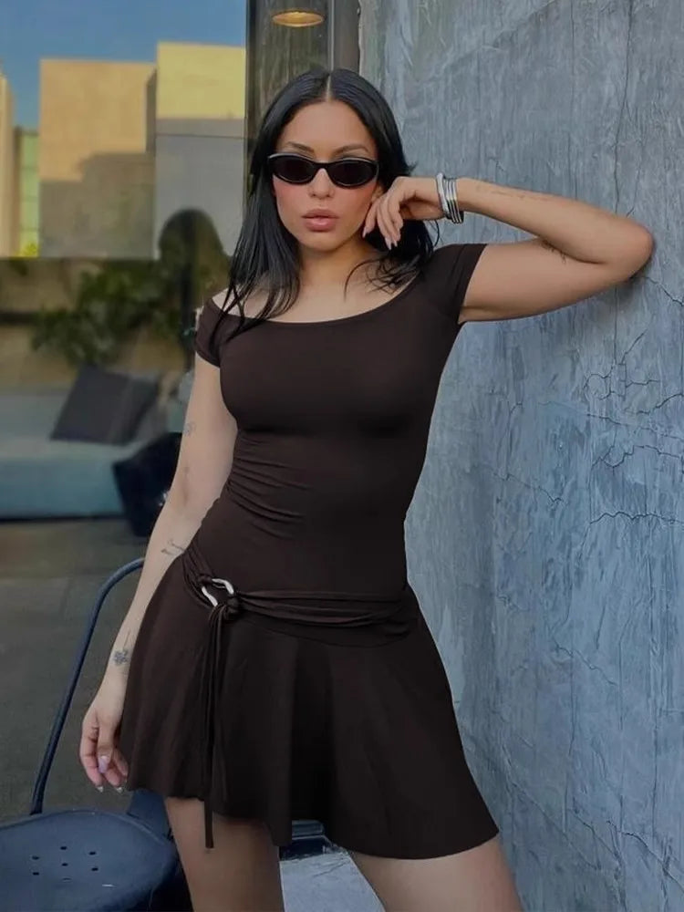 Off Shoulder Ruched Ring Buckle Belt Ruffle Hem Mini Dress